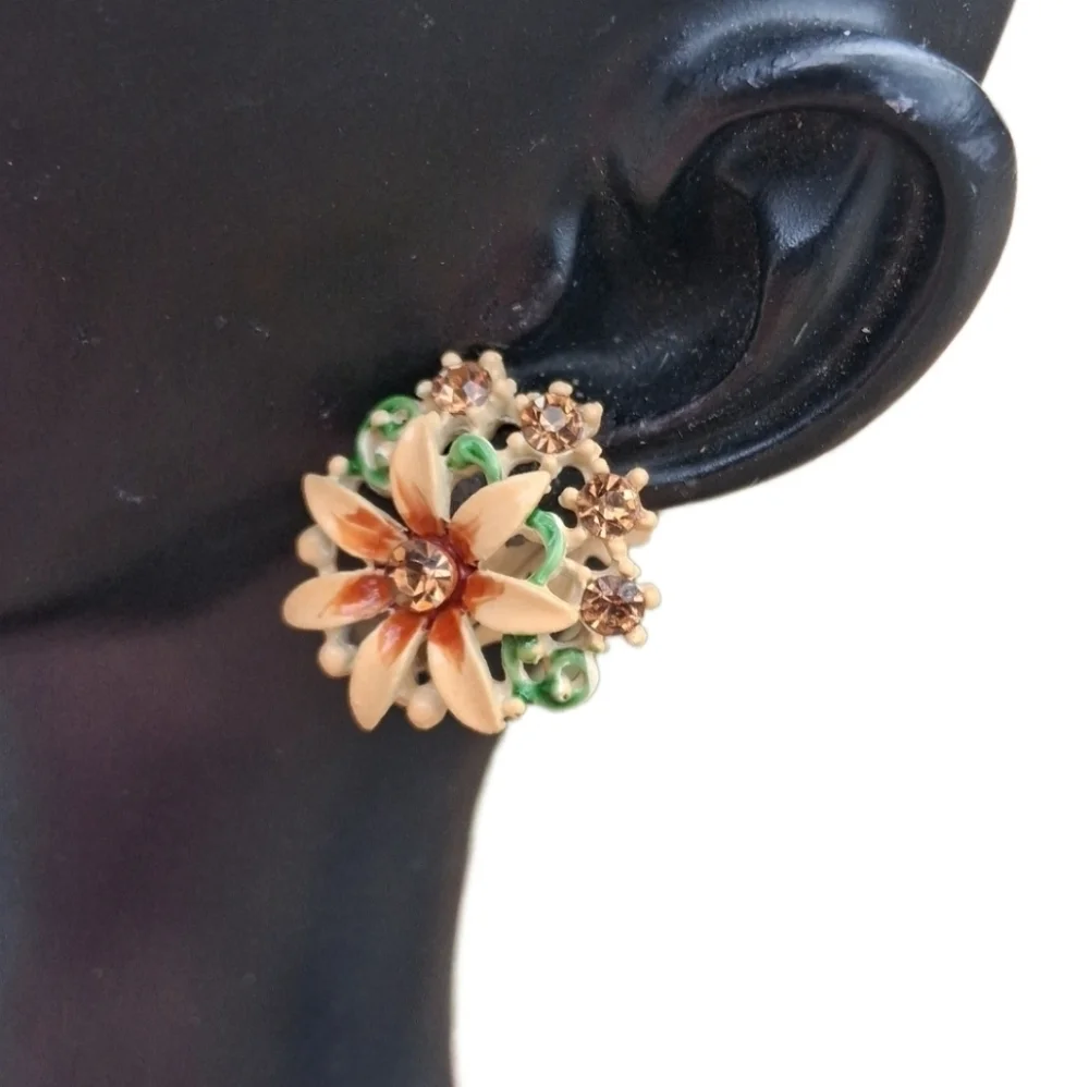 Vintage Enamel Floral Brooch & Clip Earrings Set | Mid-Century Amber Rhinestone